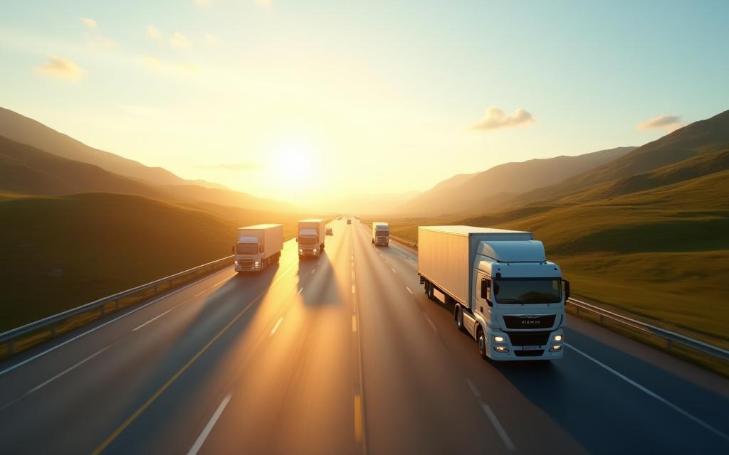 Scenic image of a highway with trucks, representing logistics and transportation.